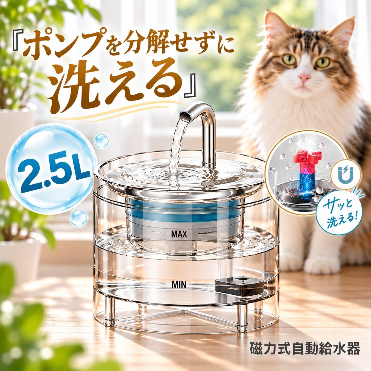 磁力式ポンプ 給水器 猫 給水器 自動給水器 超静音 猫 犬 水飲み器 ペット 自動水やり器 自動水やり機 水飲み器 みずのみ器 蛇口式浄水2.5L 循環式 透明